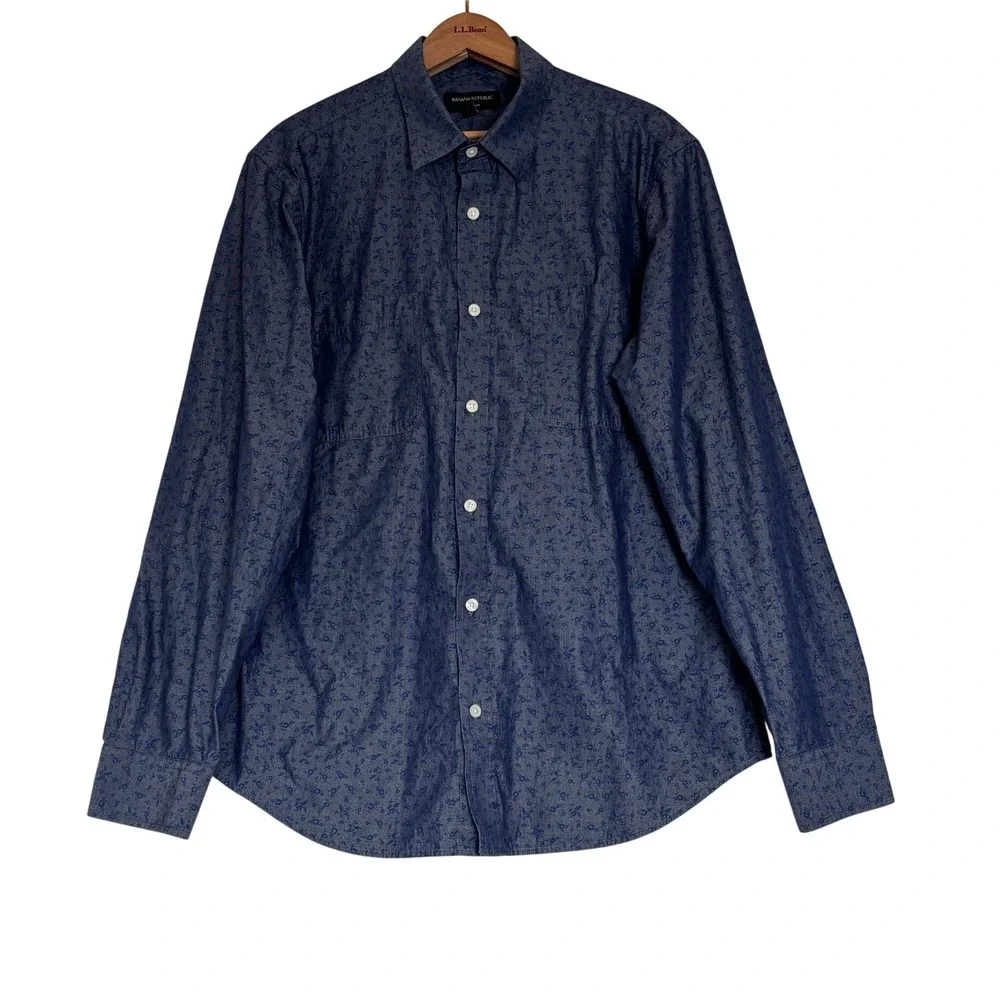 Banana Republic Soft Wash Mens Large Blue Floral Cotton Button Down Shirt L